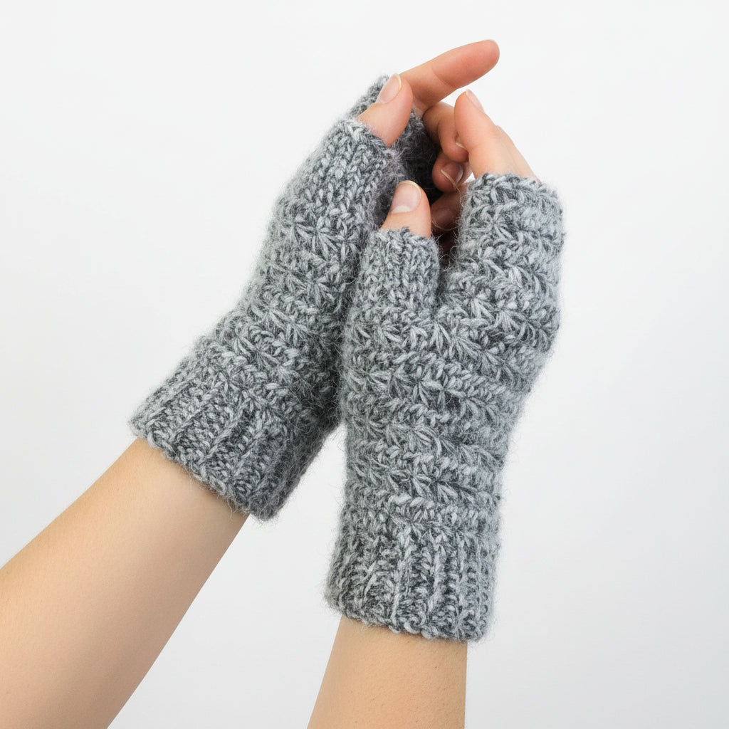 A pair of chunky knit fingerless gloves in a heathered gray and white yarn