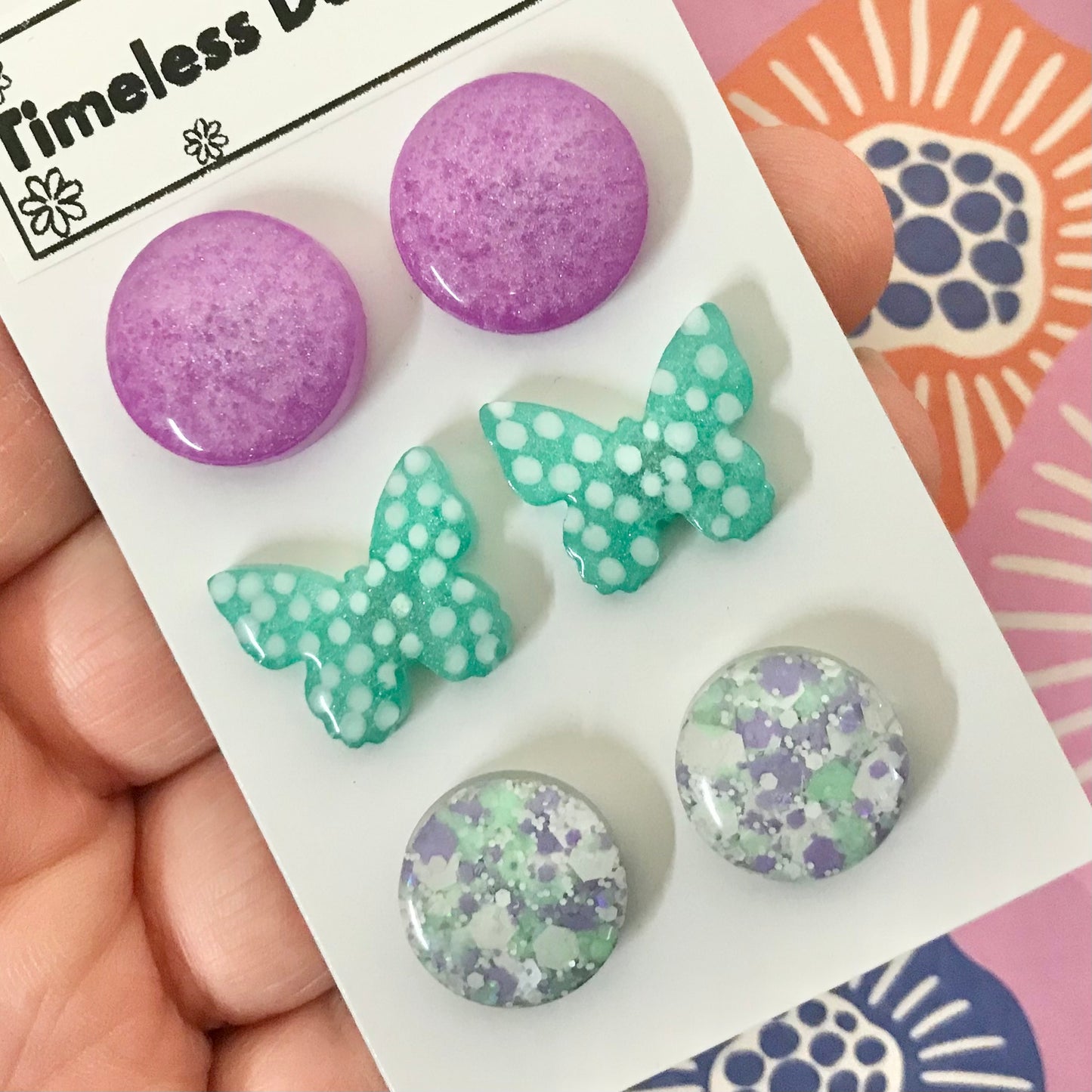 Novelty Resin Sparkle Stud Earrings - triple pack