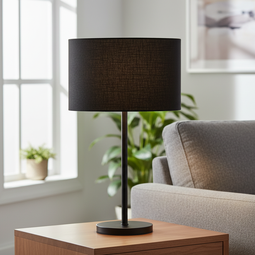 Black table lamp on a wooden side table in a living room setting with a sofa and plants.