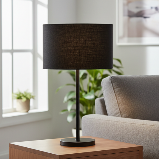 Black table lamp on a wooden side table in a living room setting with a sofa and plants.