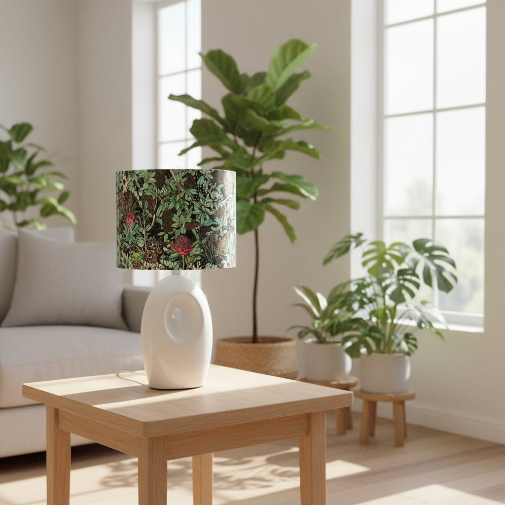 Light filled room with a lamp on a table