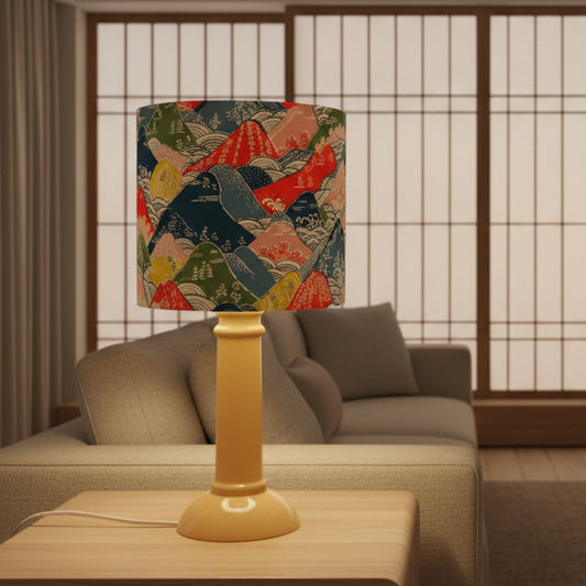 Table lamp with a colorful patterned shade 