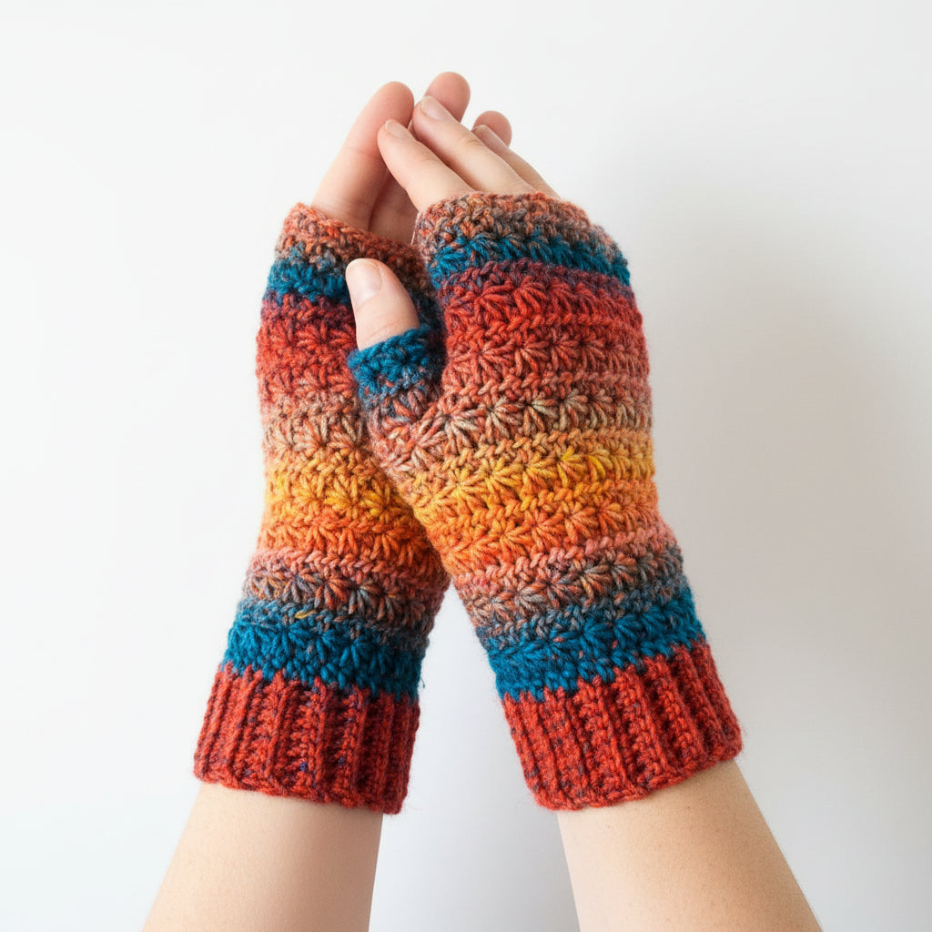 A pair of handmade crocheted fingerless gloves or wrist warmers made from variegated yarn with stripes of orange, pink, blue, red, and yellow, 