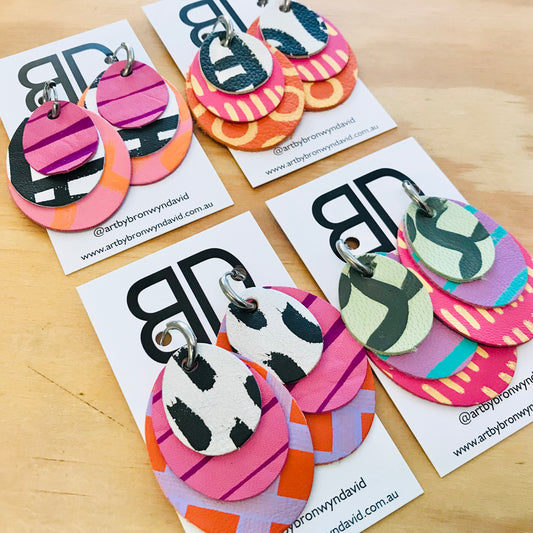 Hand painted leather bold statement earrings - The Layered Droplet