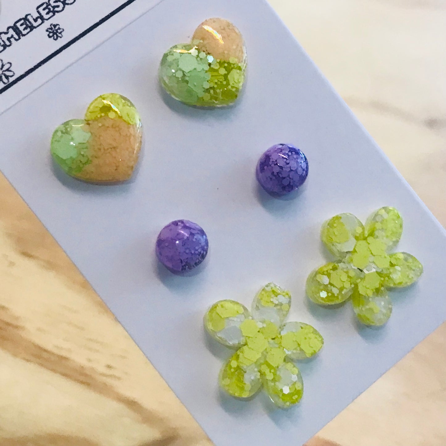 Novelty Resin Sparkle Stud Earrings - triple pack