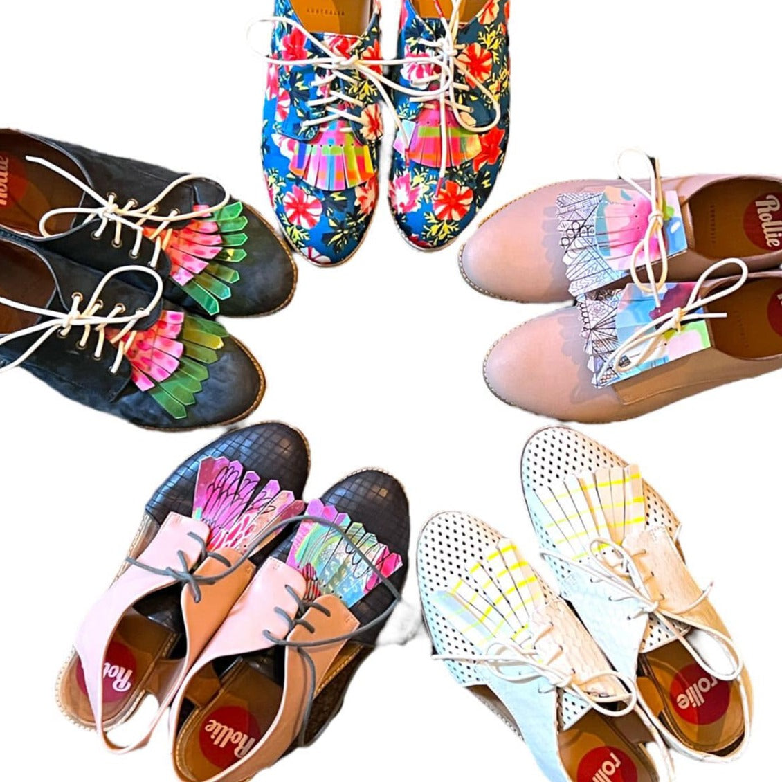 Hand painted leather, faux-leather, perspex & vinyl Shoe Tassel Fringe