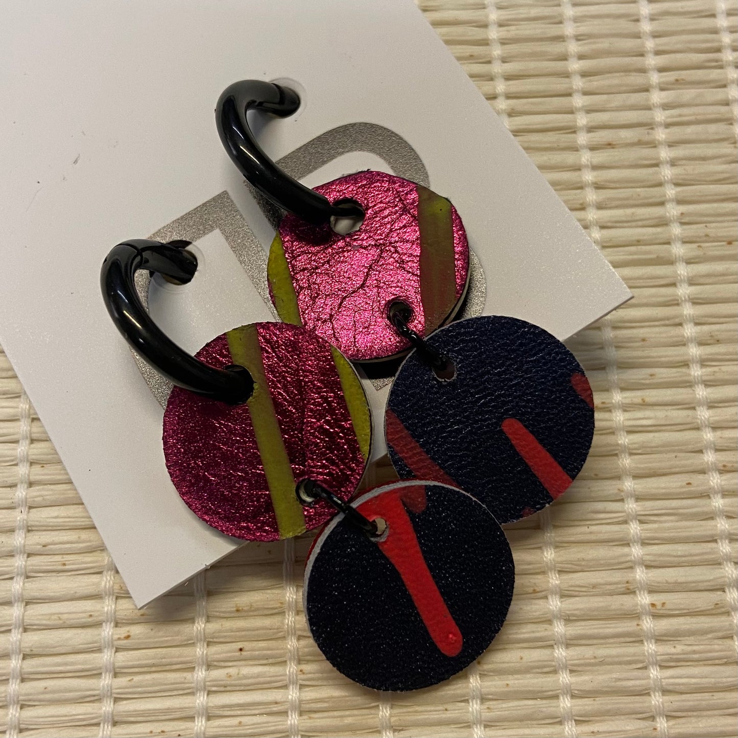 Hand painted leather bold statement earrings - Reversible Double Huggies (medium)