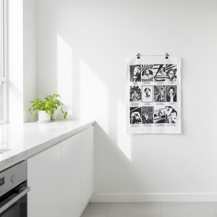 Modern kitchen with white cabinets, a window, and a decorative poster on the wall.