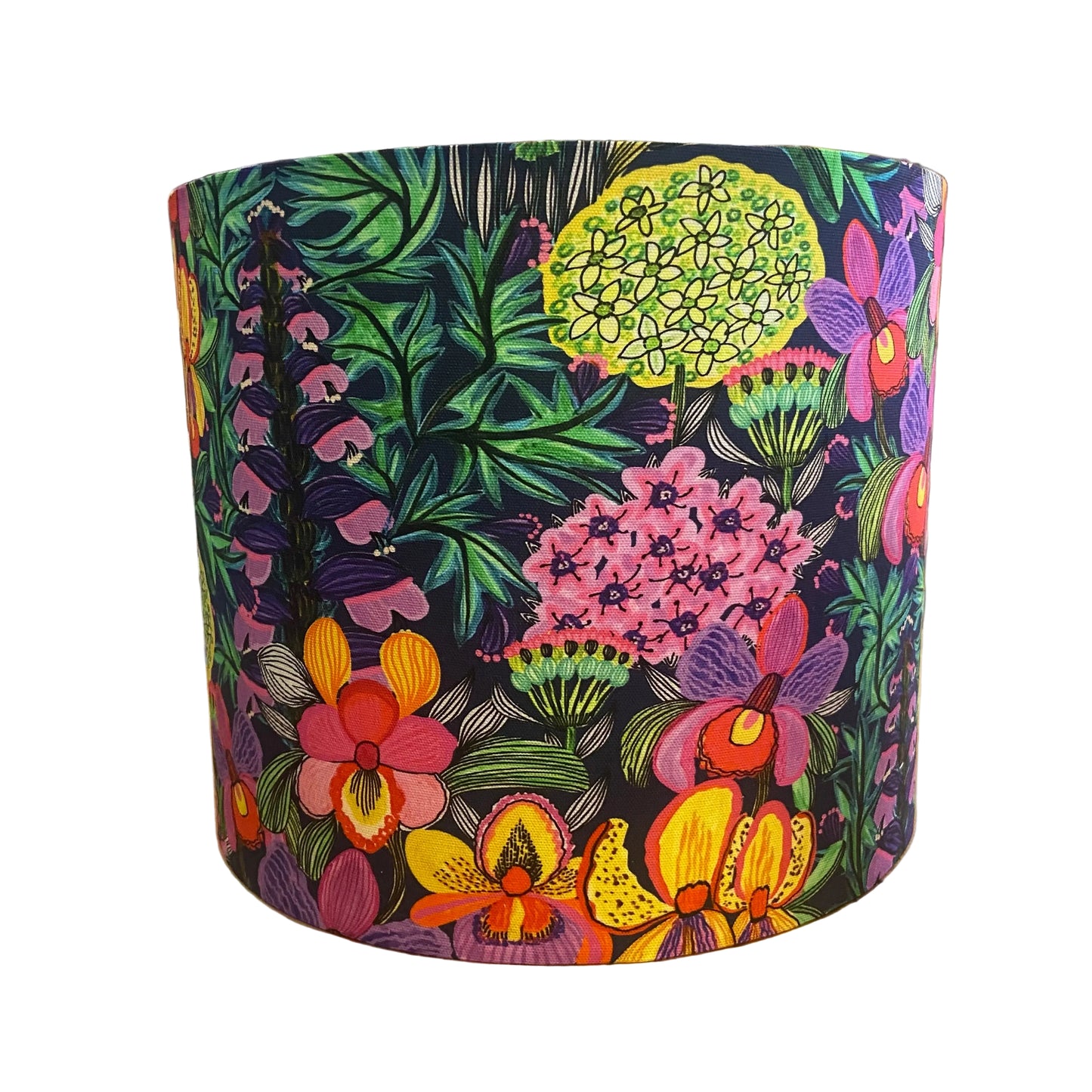 Bulbed White Ceramic Table Lamp with Orchids on Navy Shade