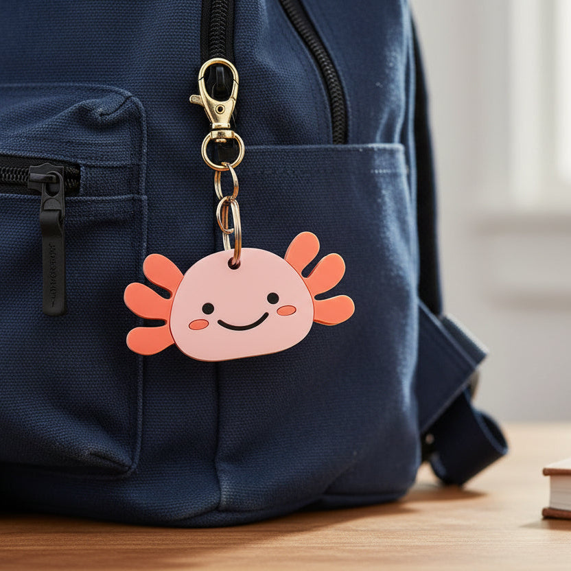 Keychain with a pink and orange axolotl design on a textured surface