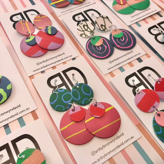 Hand painted leather bold statement earrings - The Stacked Dot