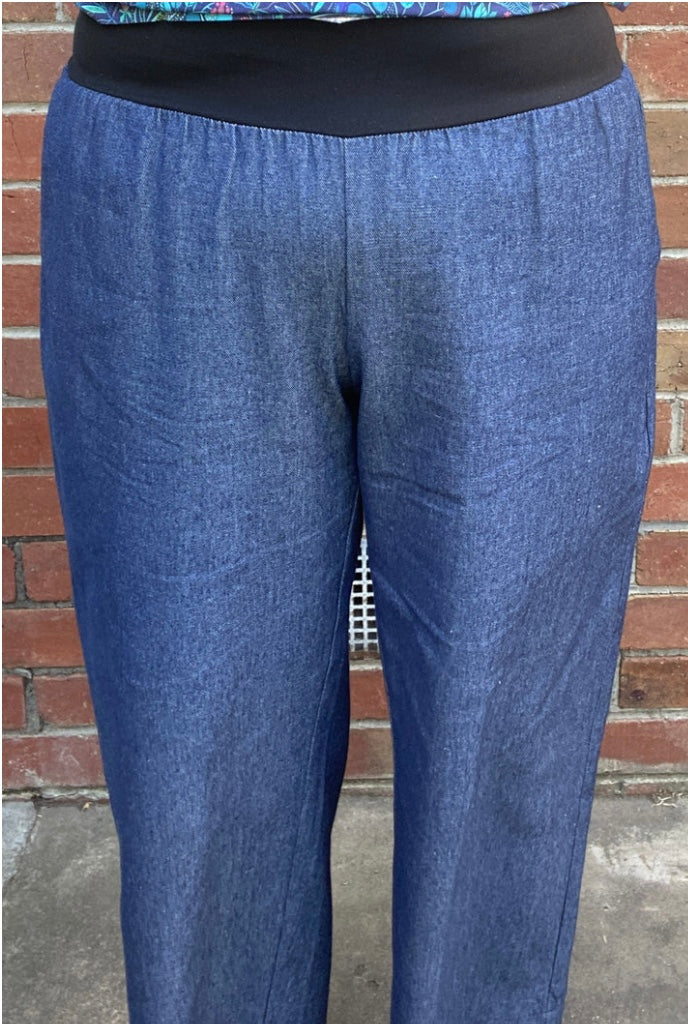 Women's Handmade Band Pants - Blue Denim