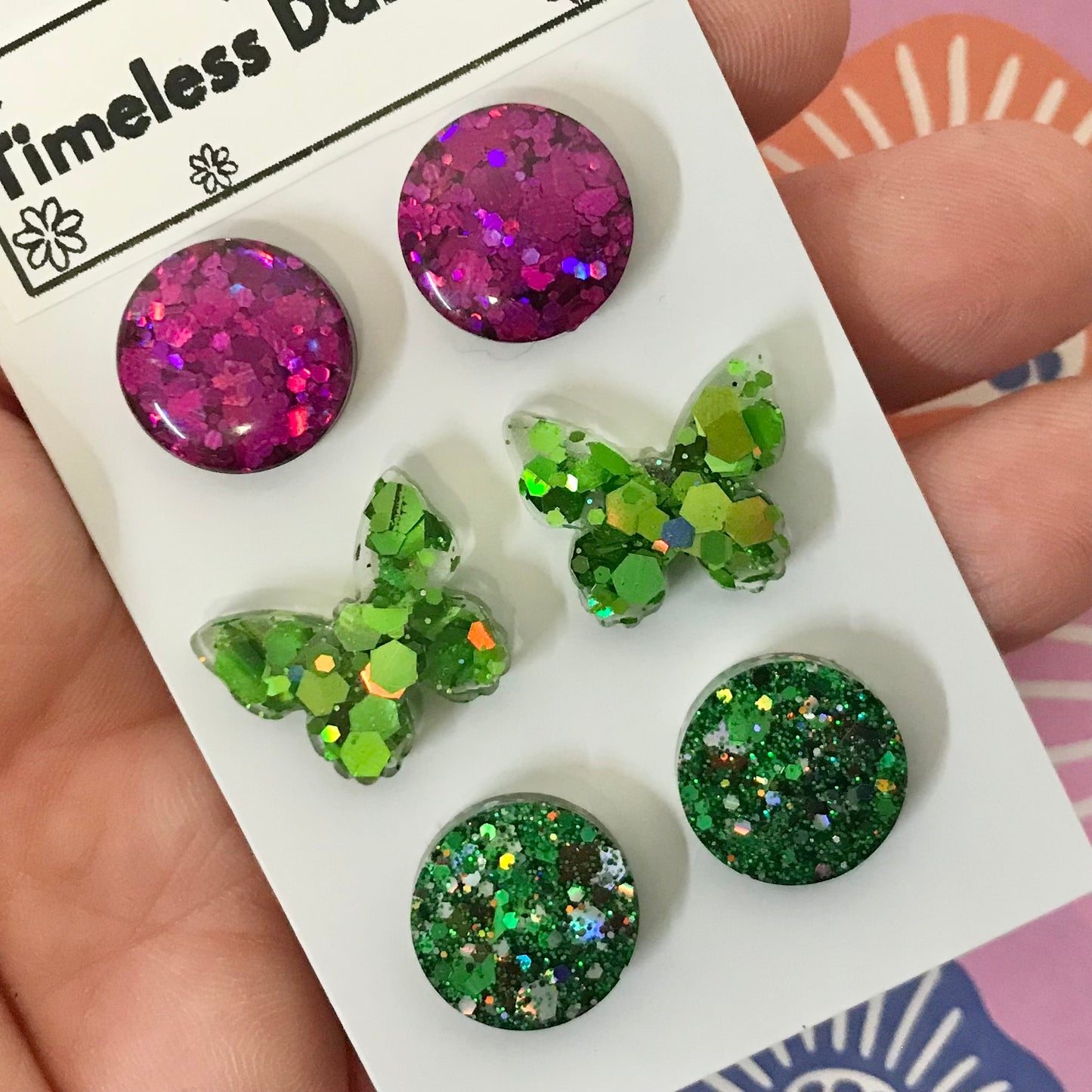 Novelty Resin Sparkle Stud Earrings - triple pack