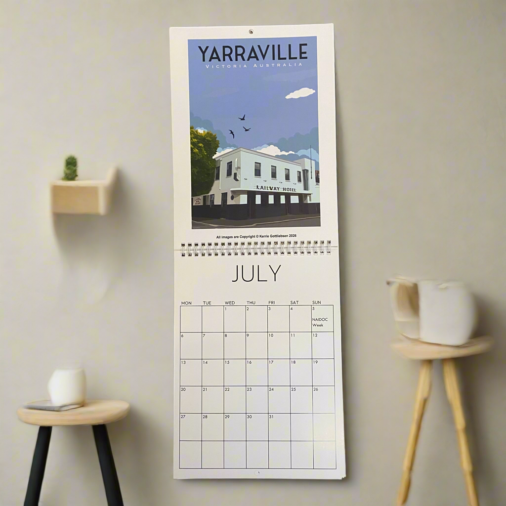 Calendar with Yarraville, Australia design on a wall with minimal decor