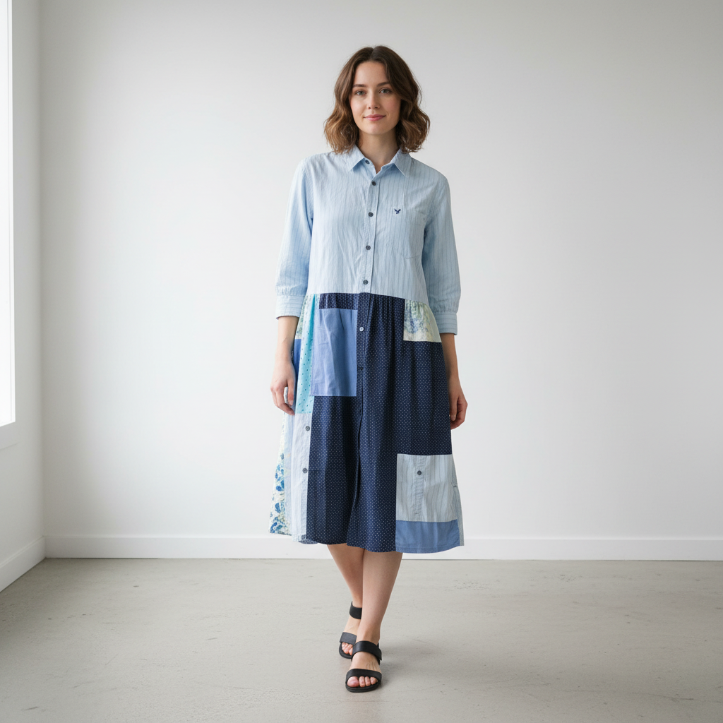 Woman wearing a blue and white checkered shirt with a patchwork skirt in a minimalistic setting