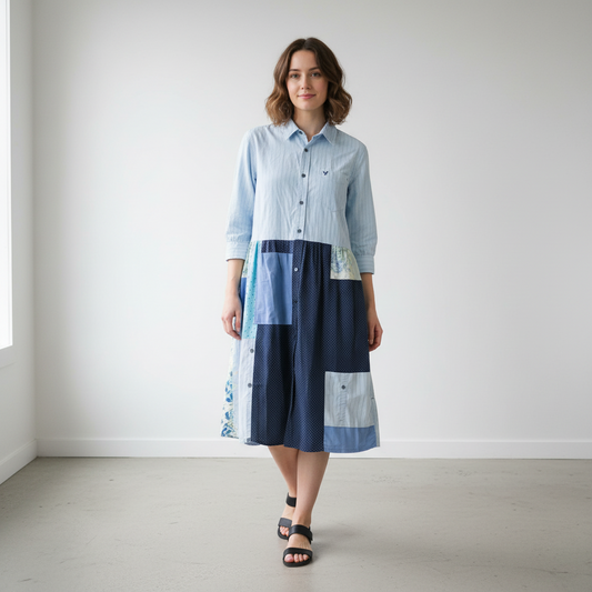 Woman wearing a blue and white checkered shirt with a patchwork skirt in a minimalistic setting