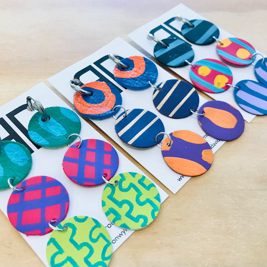 Hand painted leather bold statement earrings - Multi Drop