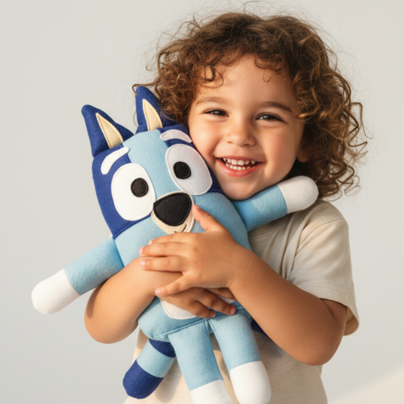 A soft toy depicting a cartoon dog character with a predominantly blue color and white accents on its paws and face.