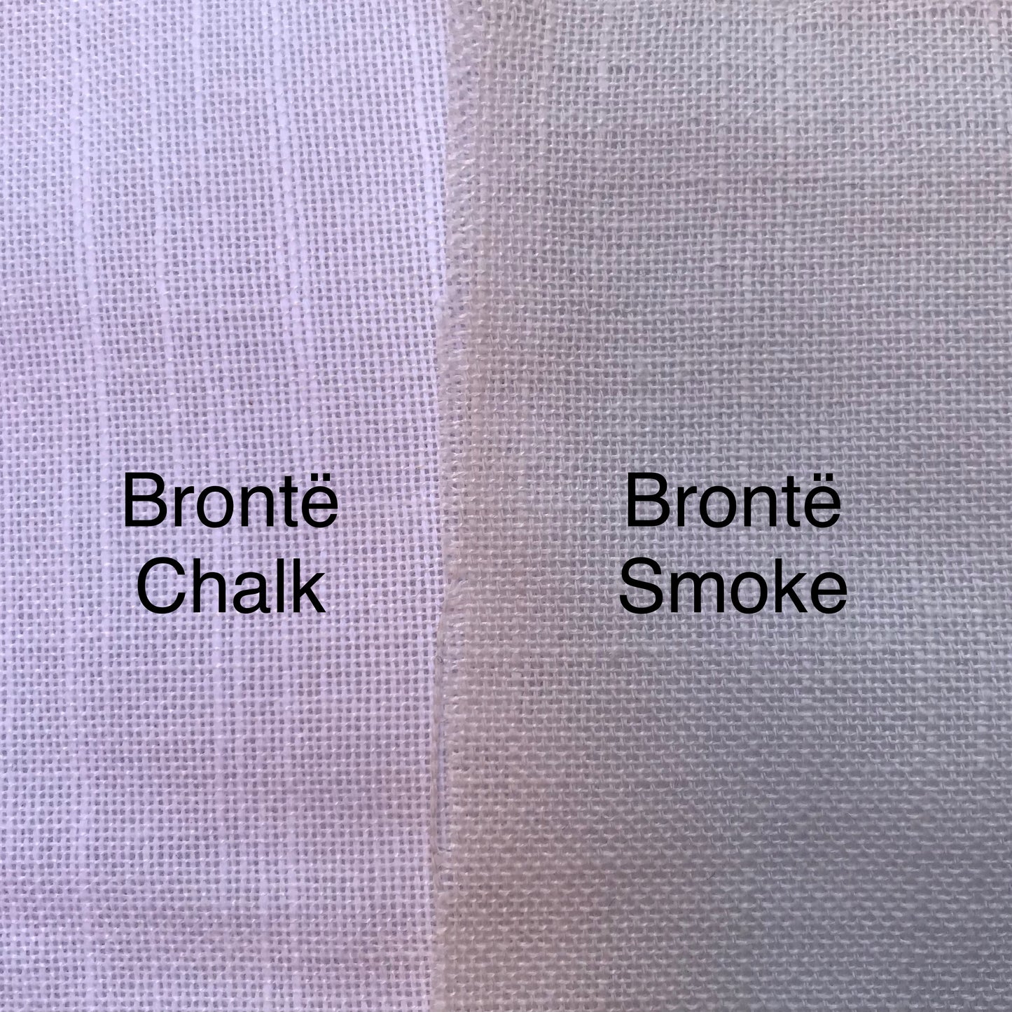A close-up fabric color comparison showing two textured woven textiles side by side, labeled 'Brontë Chalk' on the left and 'Brontë Smoke' on the right.