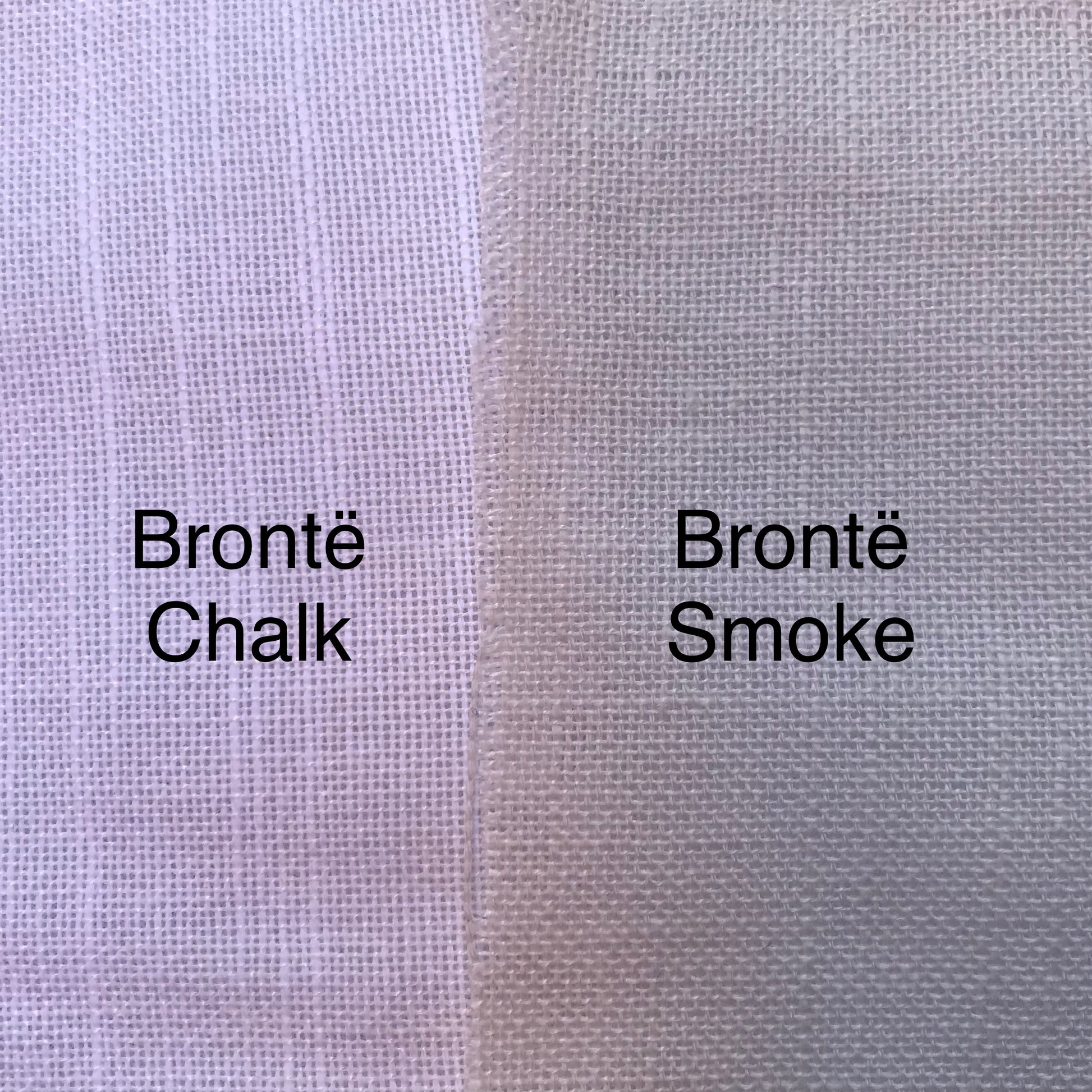 A close-up fabric color comparison showing two textured woven textiles side by side, labeled 'Brontë Chalk' on the left and 'Brontë Smoke' on the right.
