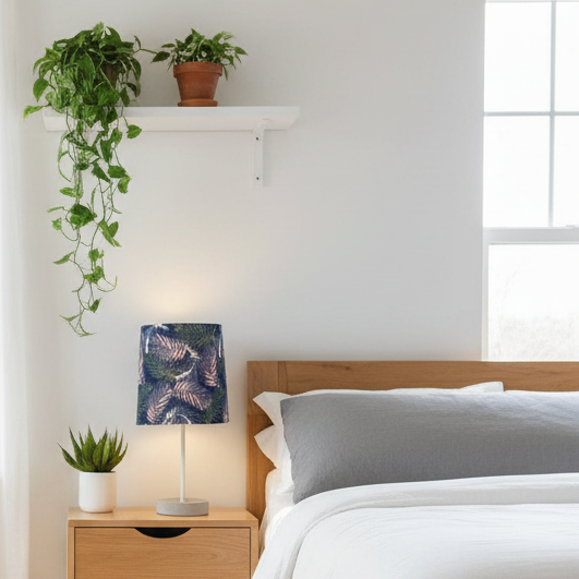 Contrasting Table Lamp with Feathery Leaves on Navy Shade