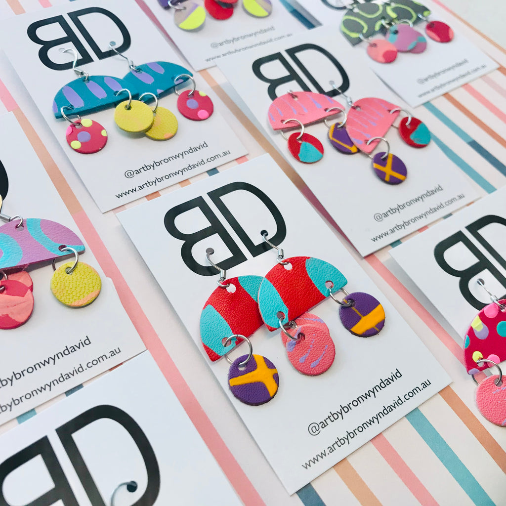 Hand painted leather bold statement earrings - The Dome Mini (with hook)