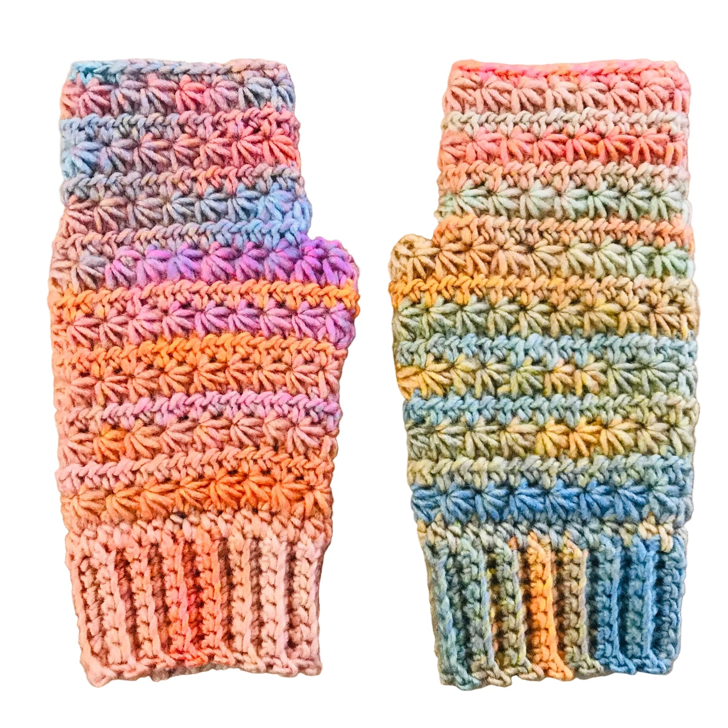 Two handmade crocheted fingerless gloves in pastel rainbow stripes, 