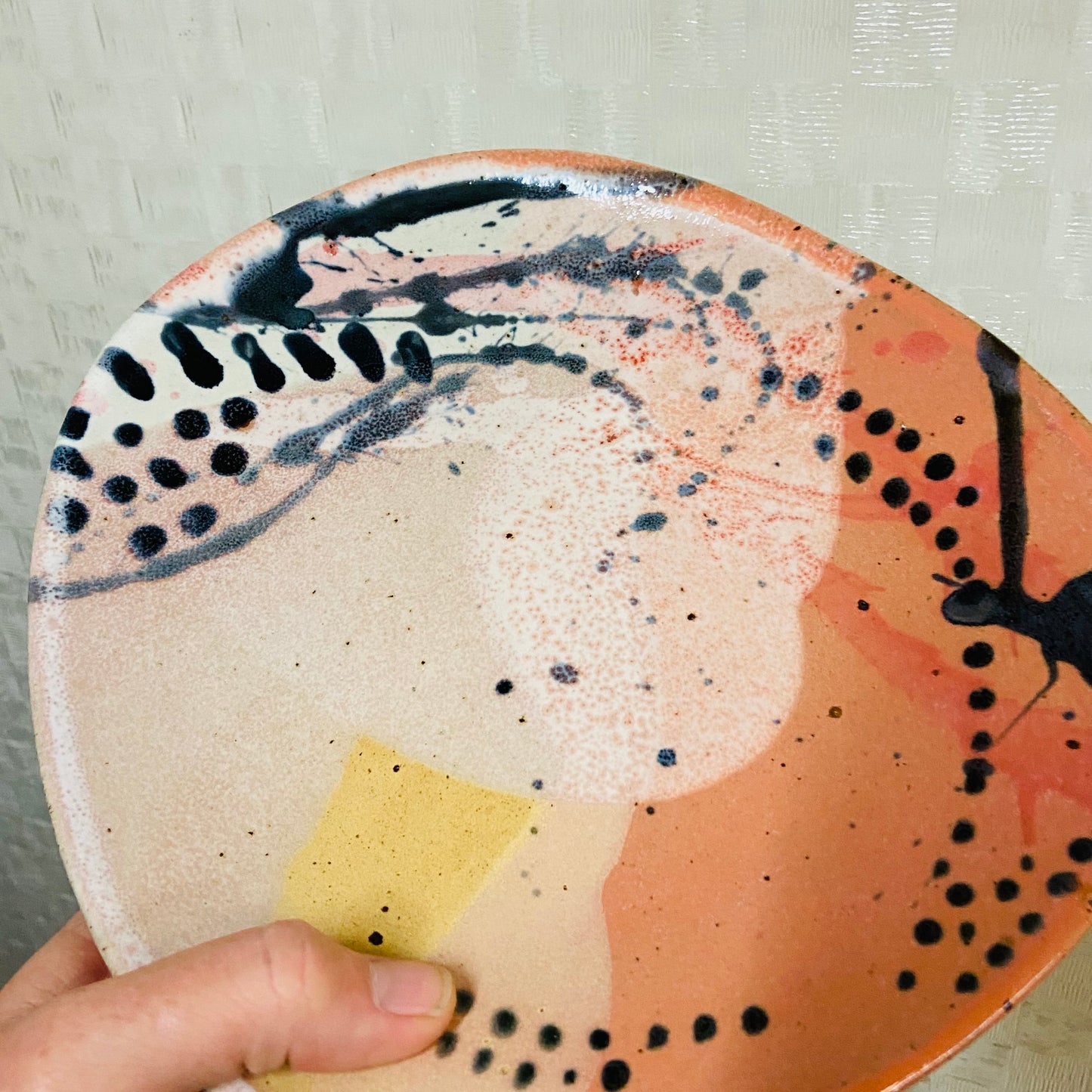 Handcrafted Pottery HSP Plates - Orange, White, yellow with Black Dots