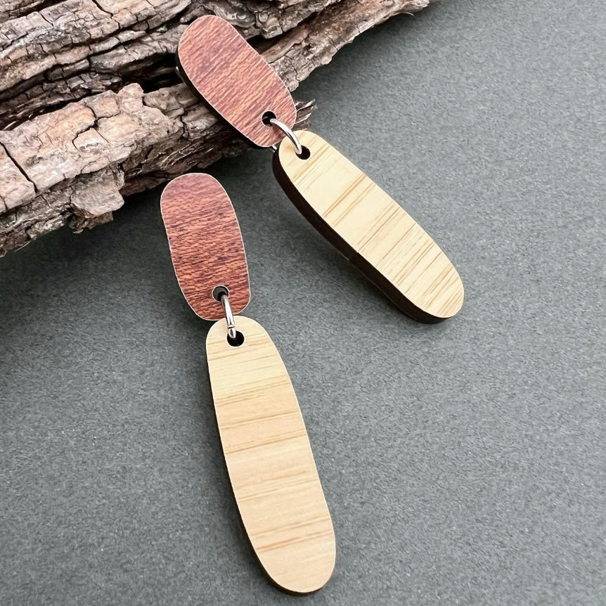 Two Piece Wood Drop Statement Earrings