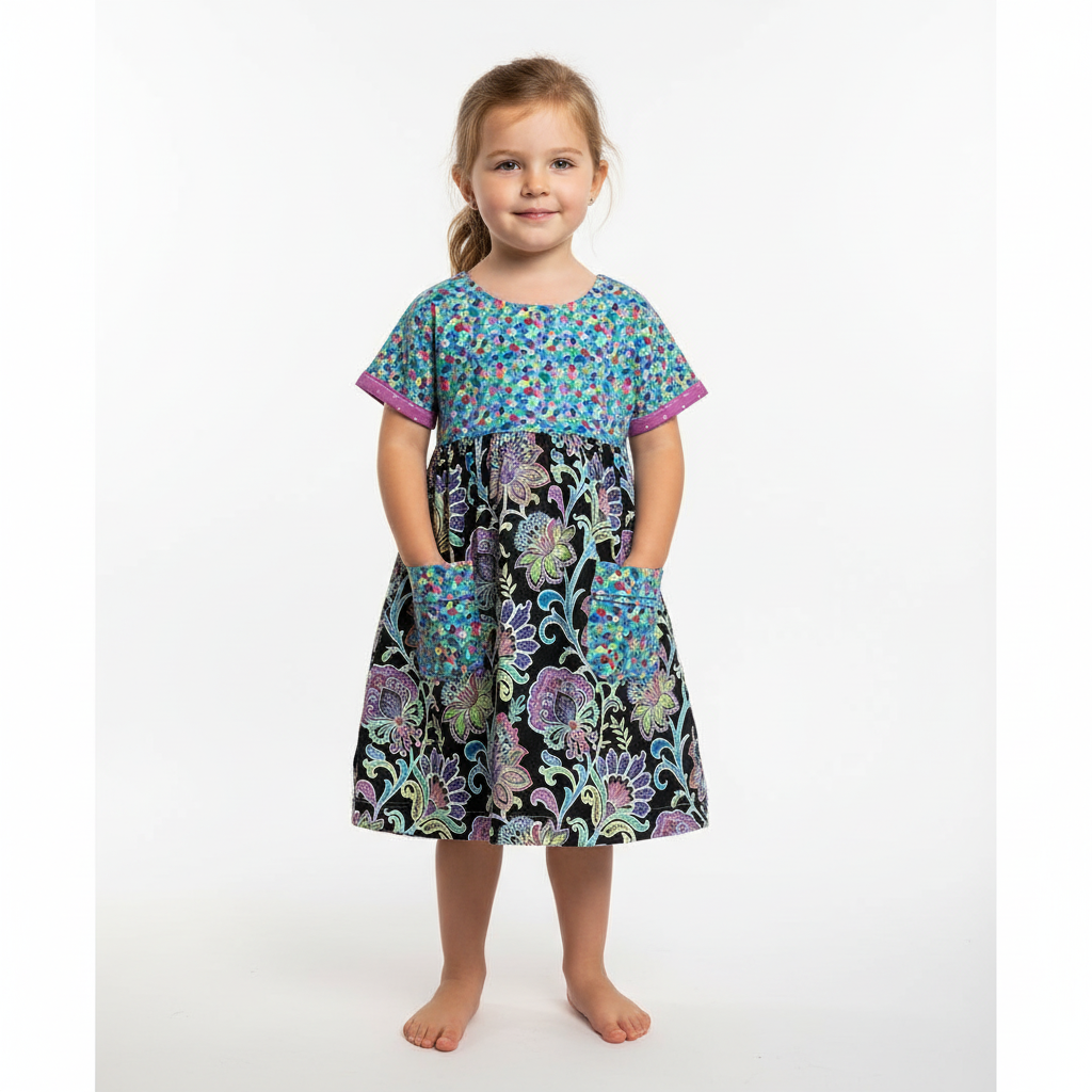 Young girl wearing a colorful floral dress on a white background