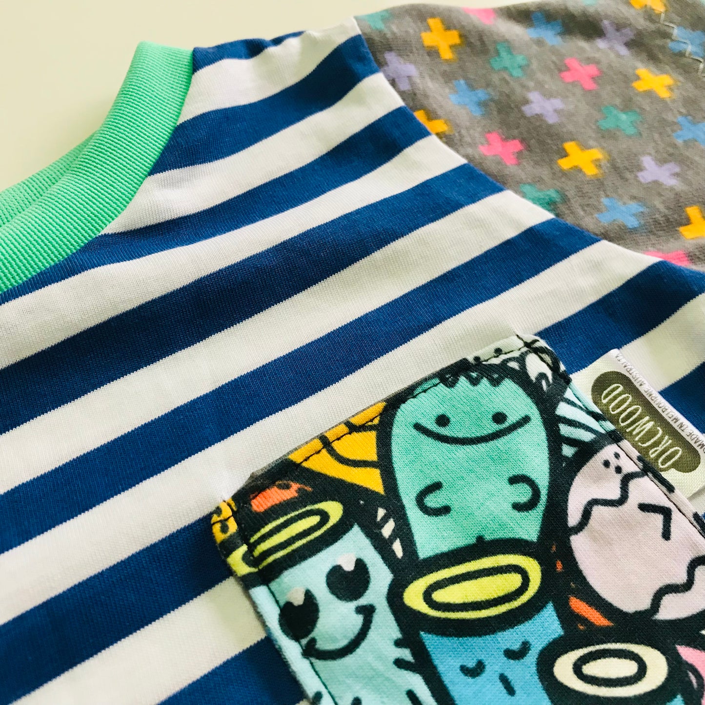 Kids Multi Print Handmade T-Shirt - Blue Stripe Front