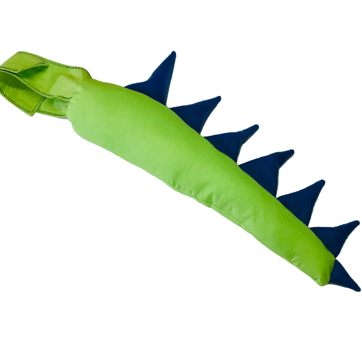 Green inflatable tube with blue spikes on a white surface
