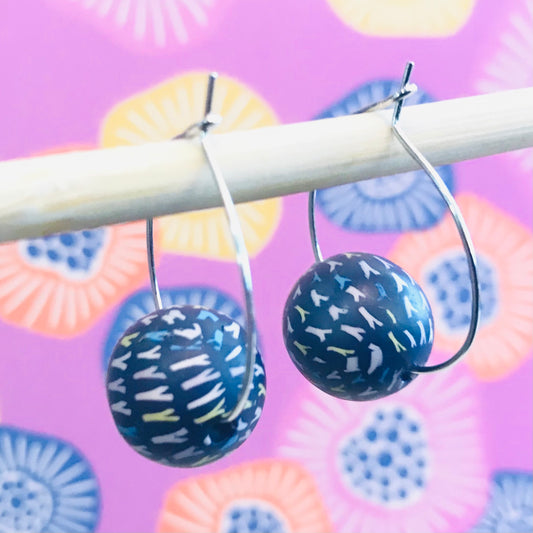 Bead Hoop Earrings - navy hatch