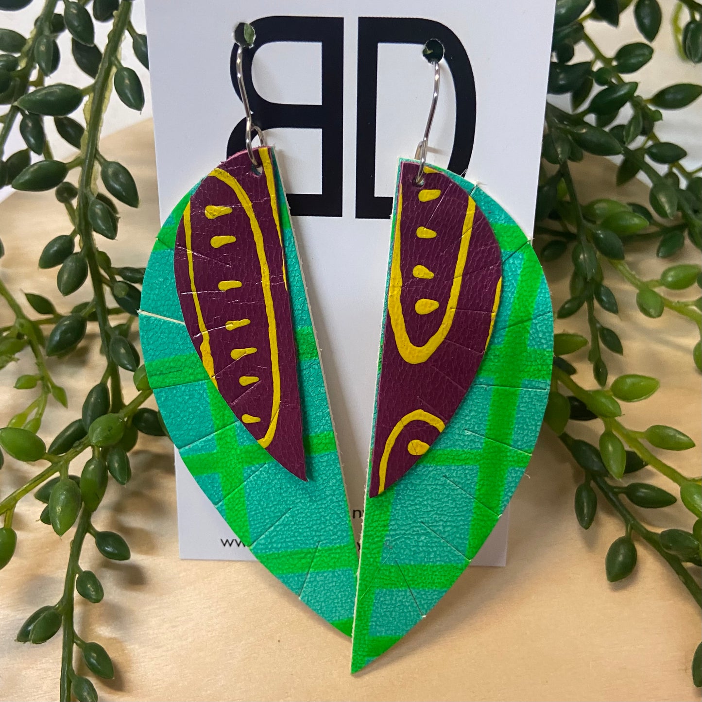 Handmade Painted Leather Earrings - The Double Feather