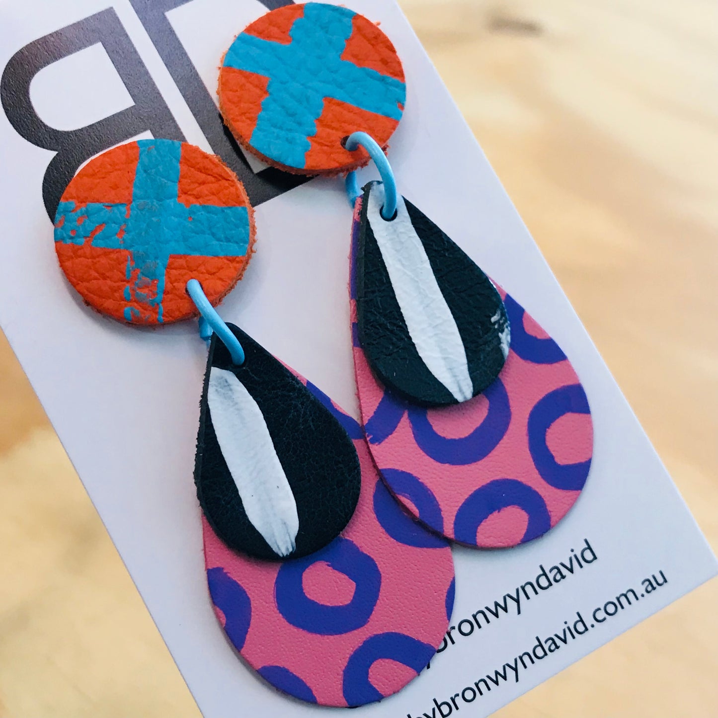 Hand painted leather bold statement earrings - The Saturn