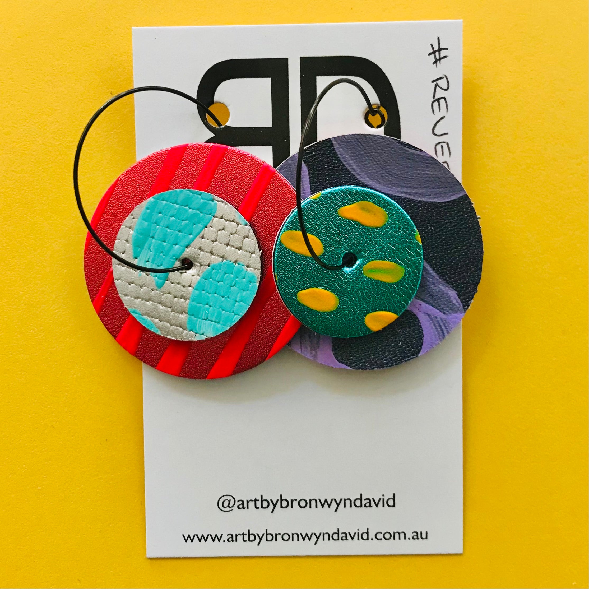 Hand painted leather bold statement earrings - Reversible Double Disc