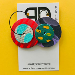 Hand painted leather bold statement earrings - Reversible Double Disc