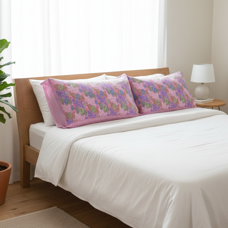 Bedroom with a bed featuring floral-patterned pillows, a plant, and a lamp.