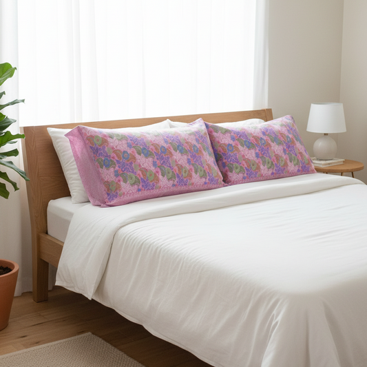Bedroom with a bed featuring floral-patterned pillows, a plant, and a lamp.