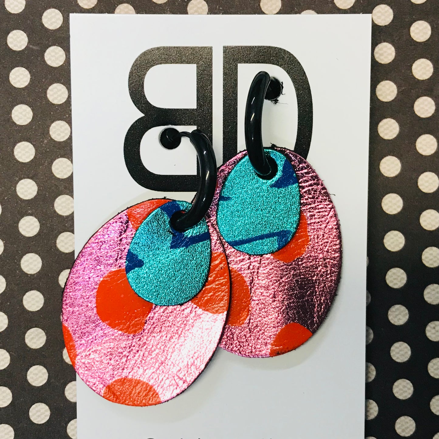 Hand painted leather bold statement earrings - Interchangeable Huggies