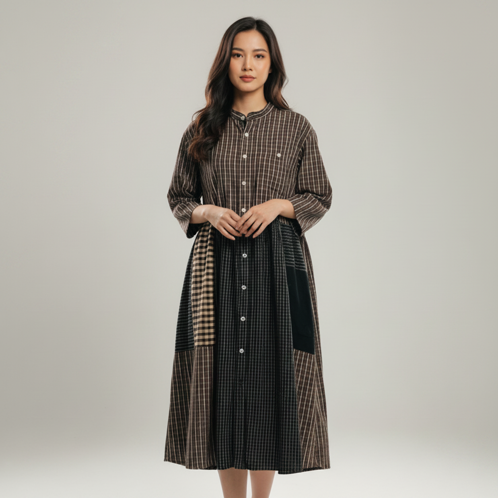 Woman wearing a plaid dress with a neutral background