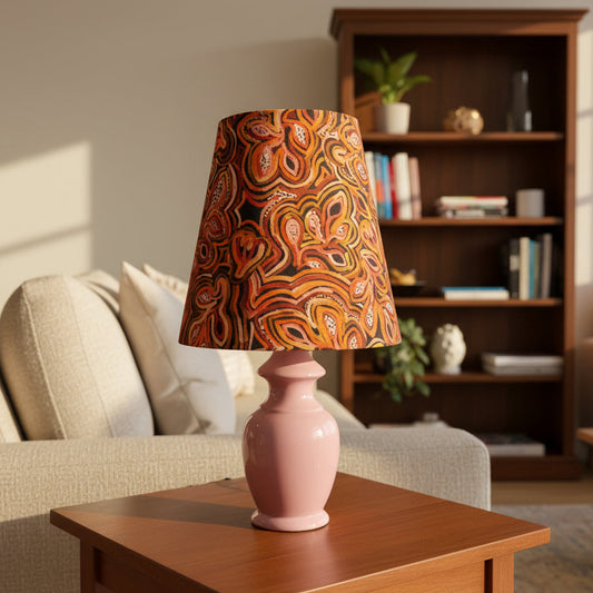 MCM Style Pink Ceramic Table Lamp with Warlu Ngapa Jukurrpa Shade