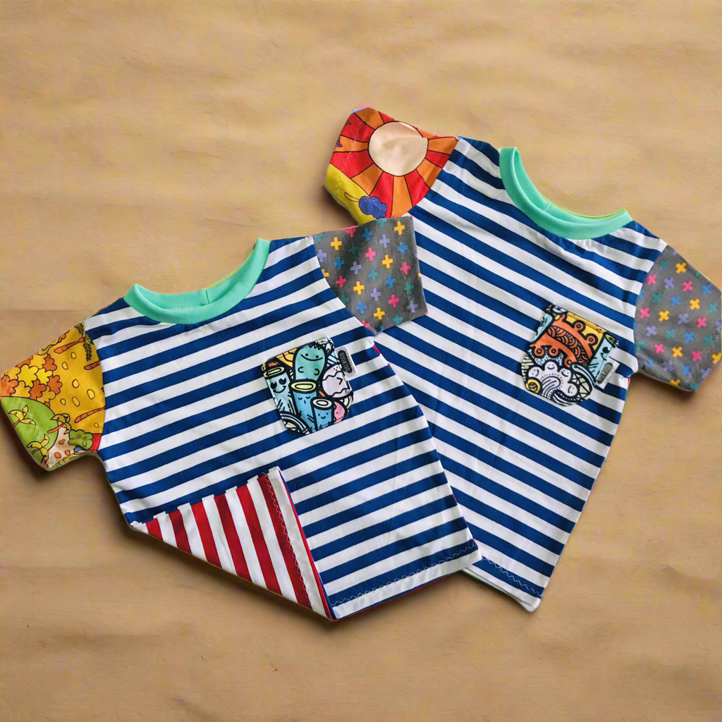 Kids Multi Print Handmade T-Shirt - Blue Stripe Front