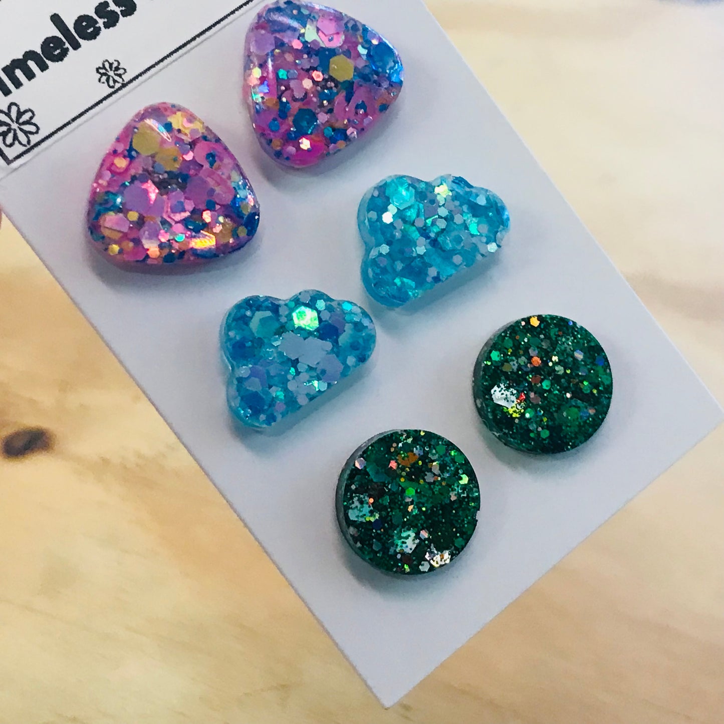 Novelty Resin Sparkle Stud Earrings - triple pack