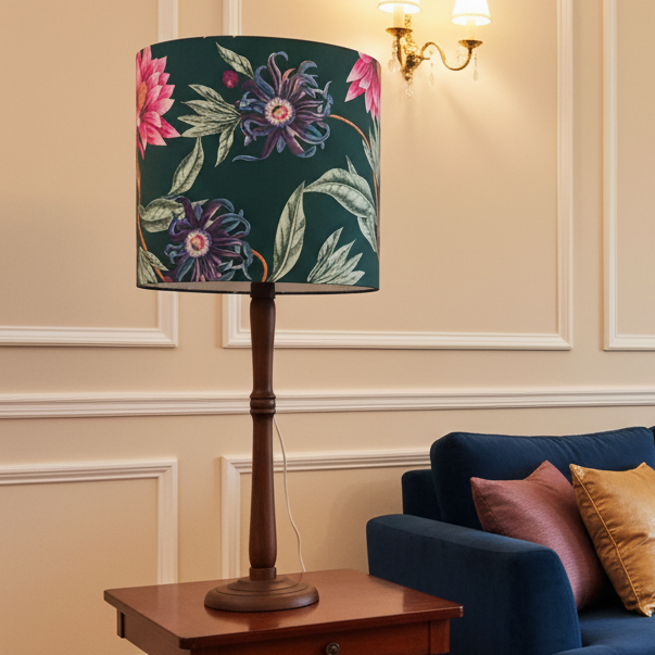 A table lamp with a dark green drum shade featuring a vibrant floral print of purple, pink, and blue flowers with green leaves, supported by a dark brown wooden stand, set against a plain white wall.