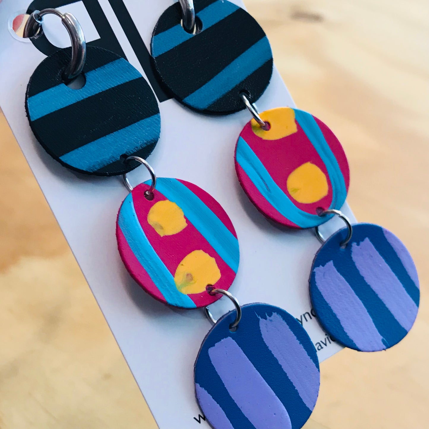 Hand painted leather bold statement earrings - Multi Drop