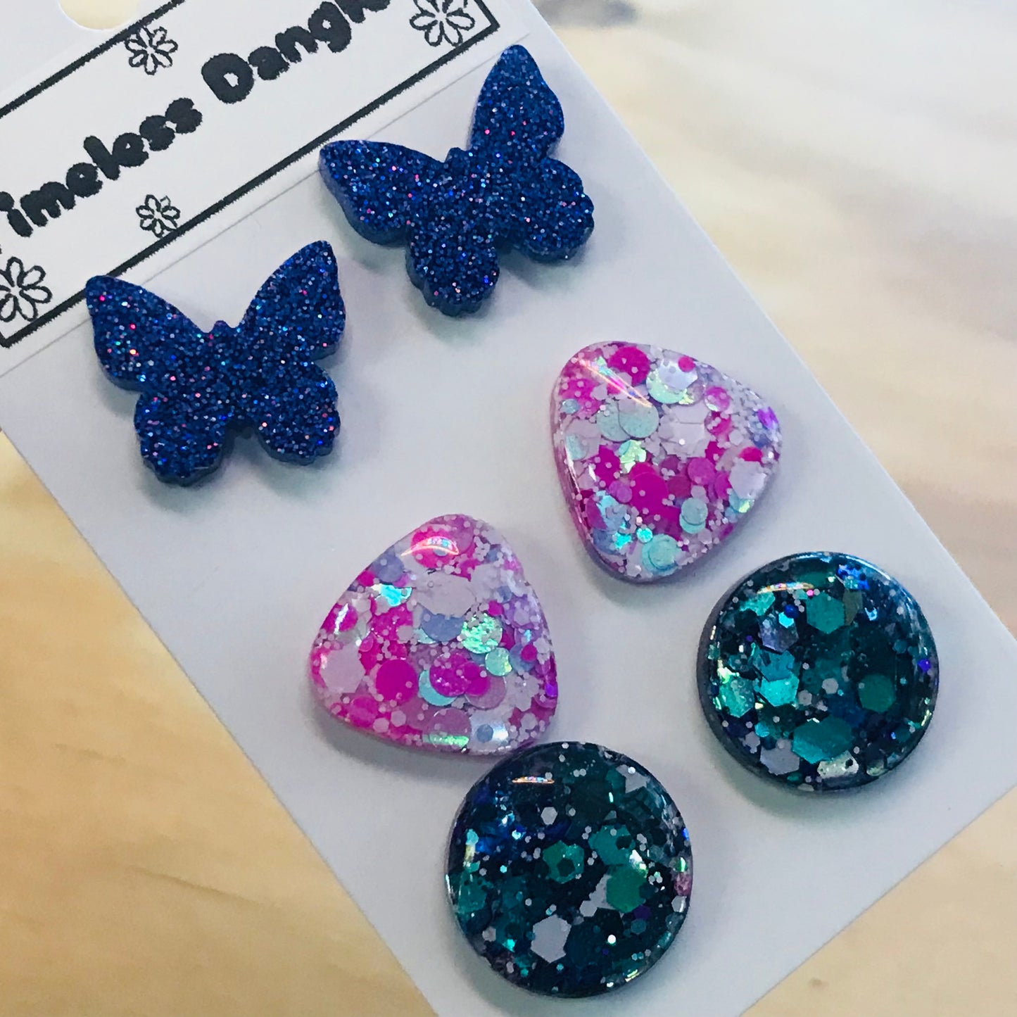 Novelty Resin Sparkle Stud Earrings - triple pack