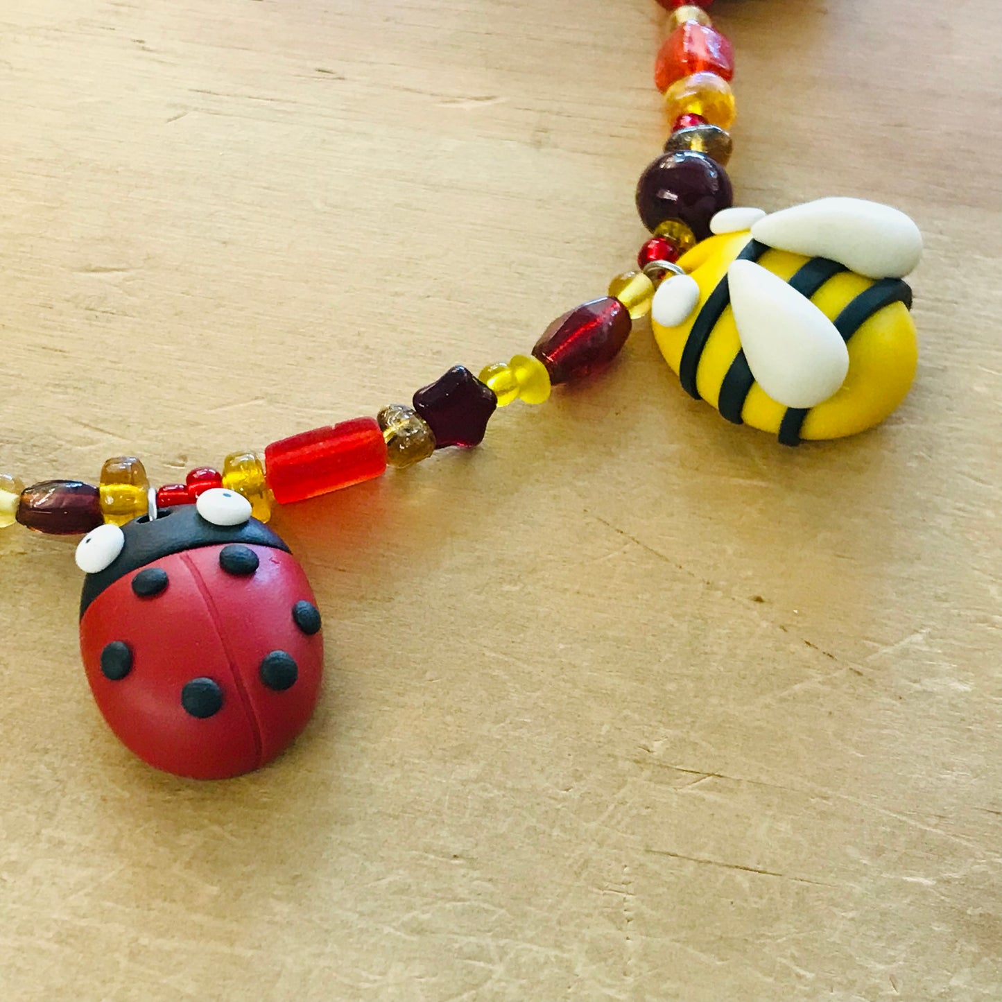Handmade Polymer Clay & Glass Bead Necklace - BEES & LADYBUGS