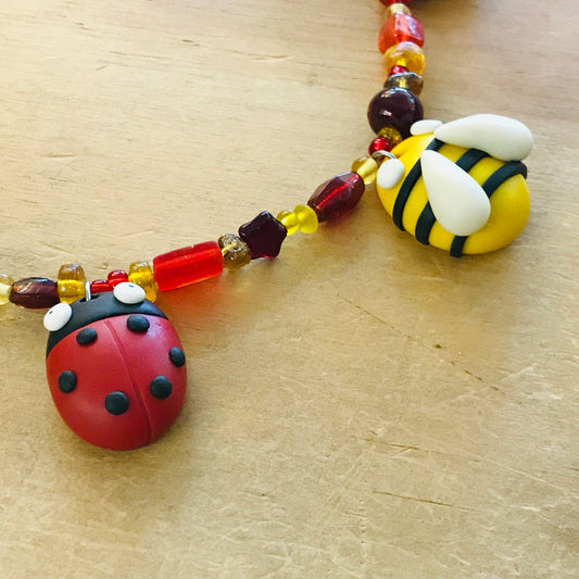 Handmade Polymer Clay & Glass Bead Necklace - BEES & LADYBUGS