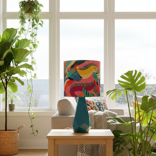 Teal Ceramic Angular Table Lamp with Rainbow Parrots Shade (pair available)